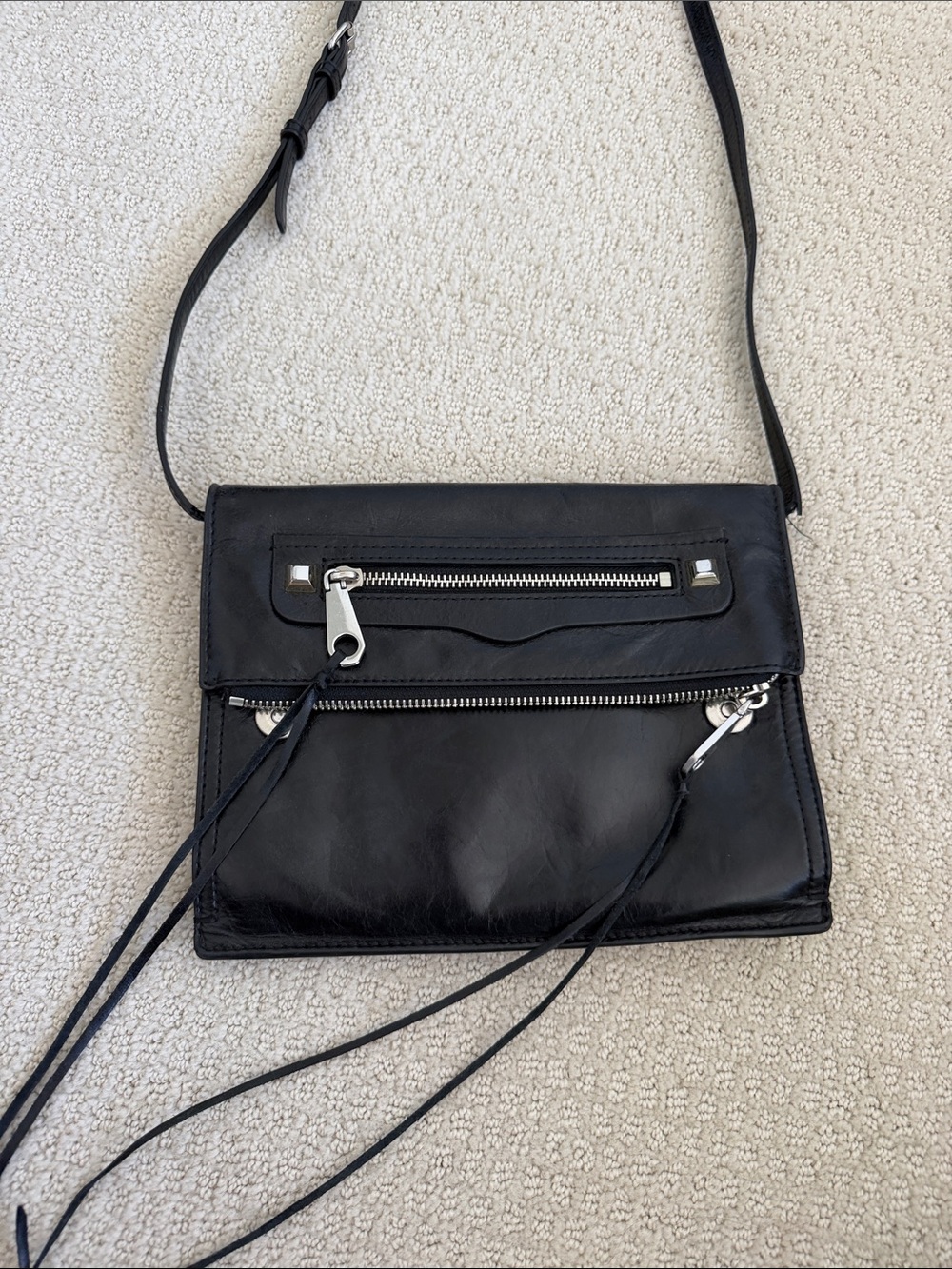 Rebecca Minkoff Black Leather Crossbody with Silver Zipper Details